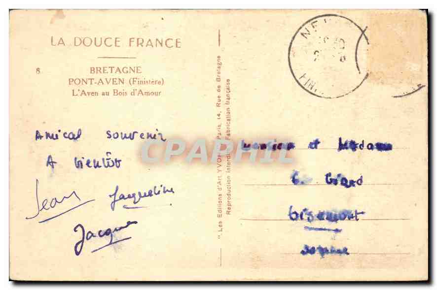 CPA Bretagne Pont Aven Finistere l'Aven au Bois d'Amour  — Rückseite