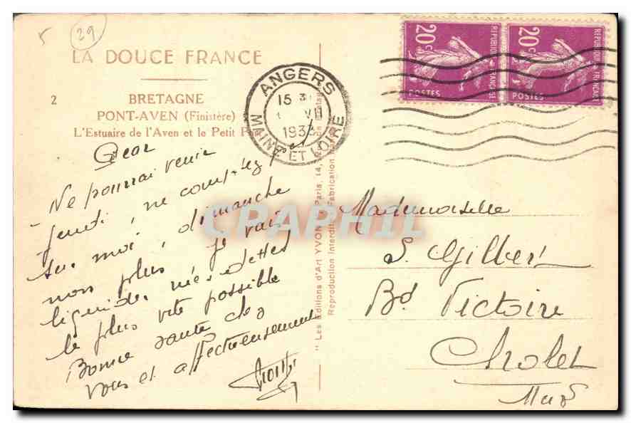 CPA Bretagne Pont Aven Finistere l'Estuaire de l'Aven  — Rückseite