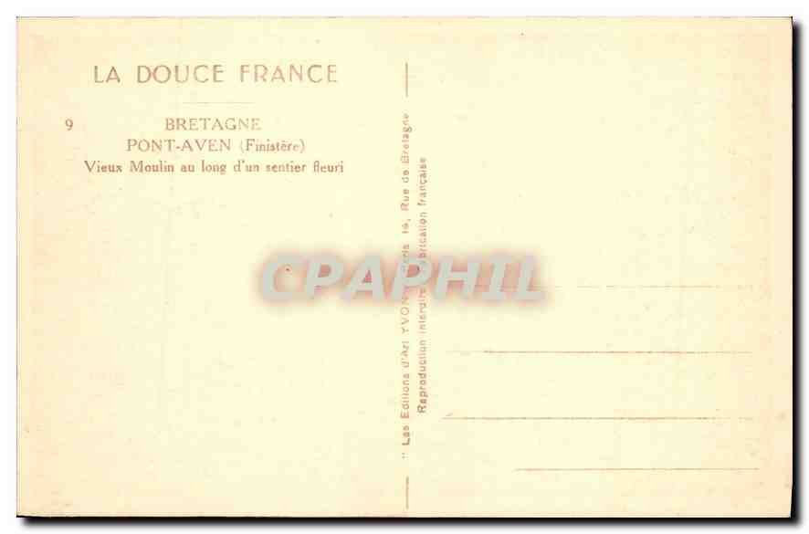 CPA Bretagne Pont Aven Finistere Vieux Moulin au long d'un sentier Beuri  — Rückseite