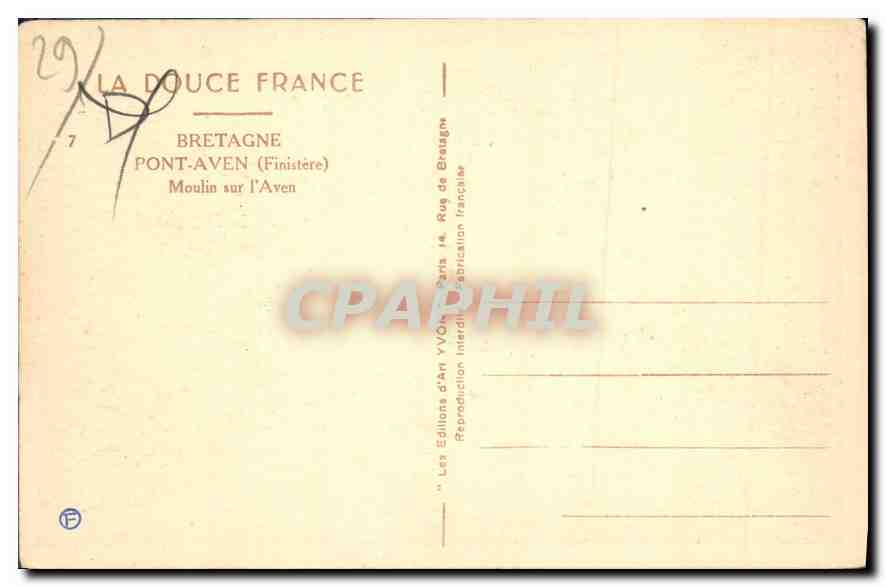 CPA Bretagne Pont Aven Finistere Moulin sur l'Aven  — Rückseite