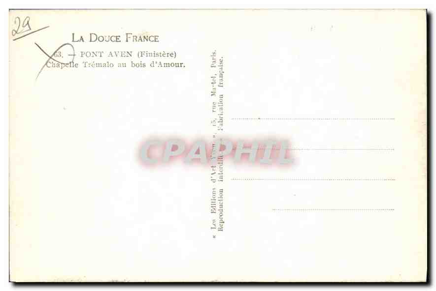 CPA Pont Aven Finistere Chapelle tremalo au bois d'Amour  — Rückseite