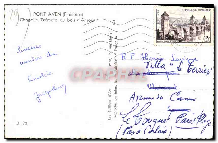 CPA Pont Aven Finistere Chapelle Tremalo au bois d'Amour  — Rückseite