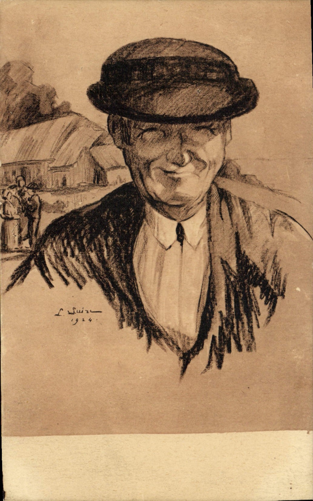 Portrait d'homme souriant — dessin au crayon — L. Suire 1924 — éditeur Raymond Bergevin - Recto