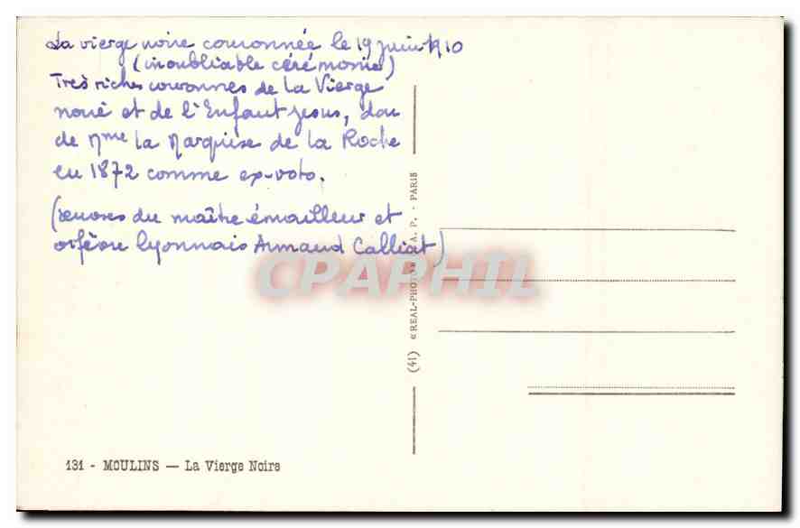 CPA Moulins la Vierge Noire  — Verso