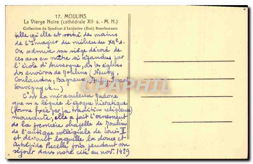 CPA Moulins la Vierge Noire Cathedrale XII S M H collection du syndicat d'Initiative Essi Bourbonnai — Verso