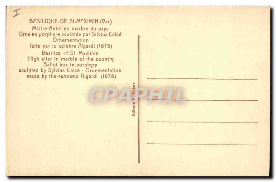 CPA Basilique de St Maximin Var Maitre Autel en marbe du pays Urne en porphyre sculptee par Silvius  — Verso