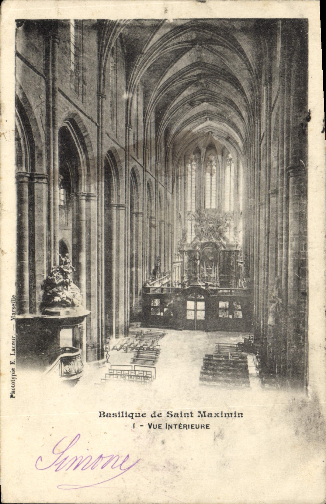 Basilique de Saint Maximin — Vue intérieure — Phototypie E. Lacour, Marseille, n°1