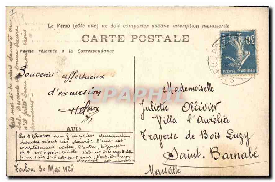 CPA Cote d'Azur Asure Coast Toulon Tamaris Bord de Mer Mourillon  — Verso