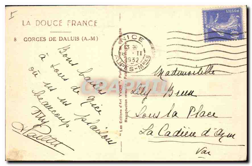 Gorges de Daluis — vue du canyon — édition Yvon — Verso
