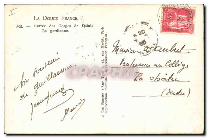 CPA La Douce France Entree des Gorges de Daluis La gardienne  — Rückseite