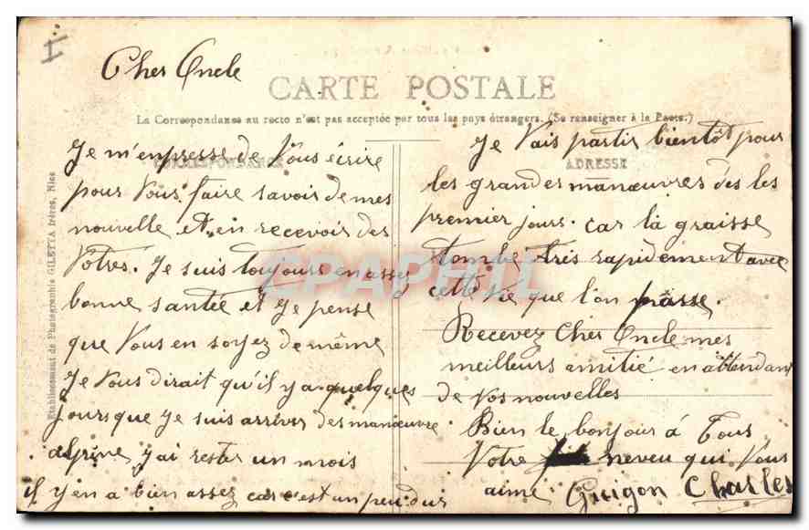 Castillon — Route de Menton à Sospel — Collection Artistique, Giletta, Nice, n°1199 — Verso