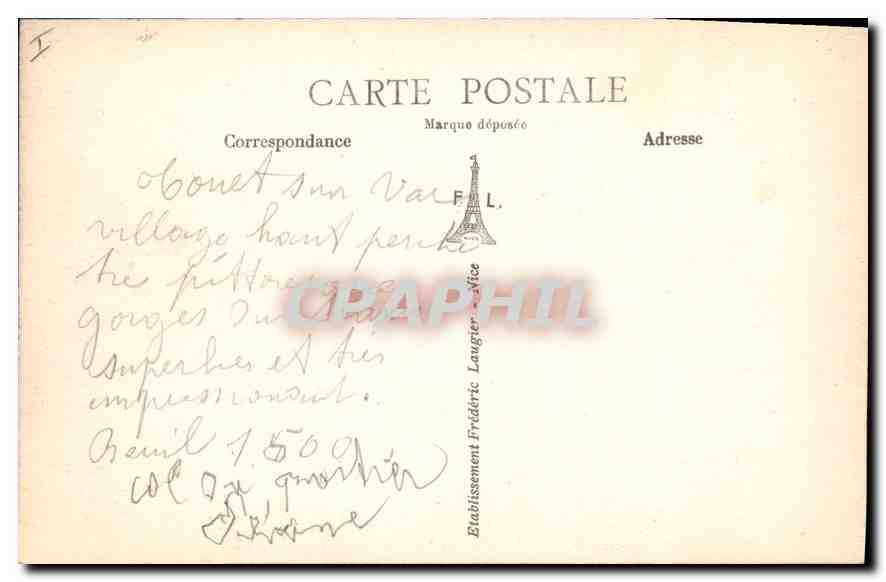 CPA Environs de Beuil A M Route et Gorges du Cians  — Rückseite