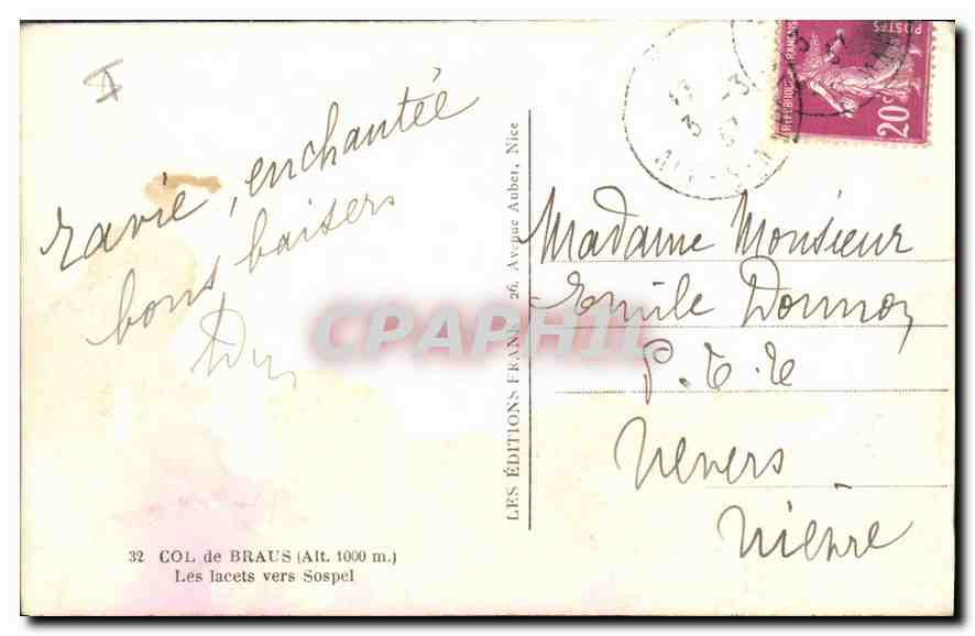 CPA Col de Braus Les Lacets vers Sospel  — Rückseite