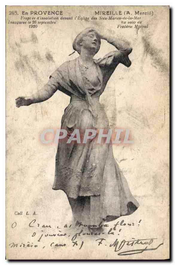 Statue de Mireille (A. Mercié) — inaugurée le 26 septembre 1920 devant l'Église des Saintes-Maries-de-la-Mer — éditeur Coll. L.A., n° 265