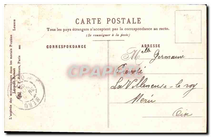 Arrivée des moissonneurs dans les marais Pontins — Éditeur Leopold Robert, n°882 — Reverso