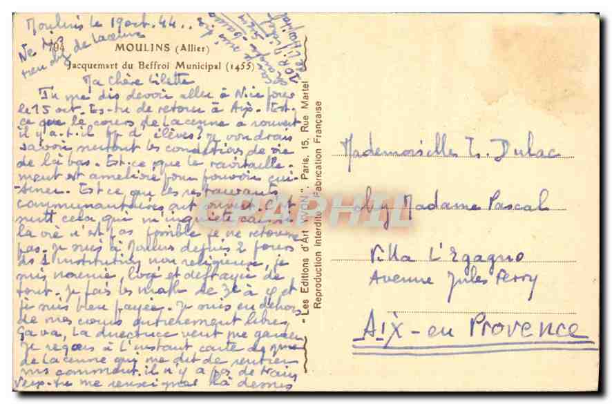 CPA Moulins Allier Jacquemart du Beffroi Municipal  — Verso