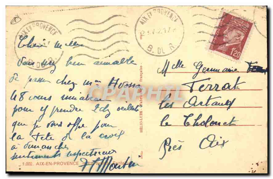 CPA Aix en Provence La Grande Fontaine  — Verso