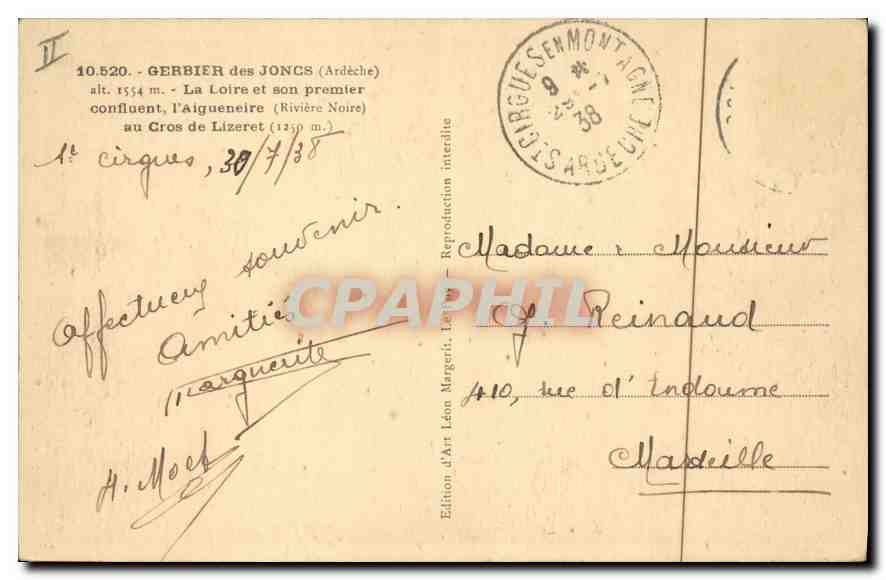 Gerbier des Joncs — La Loire et son premier confluent, l'Aigueneire (Rivière Noire) — Édition d'Art Léon Margerit, n° 10.520 — Reverso