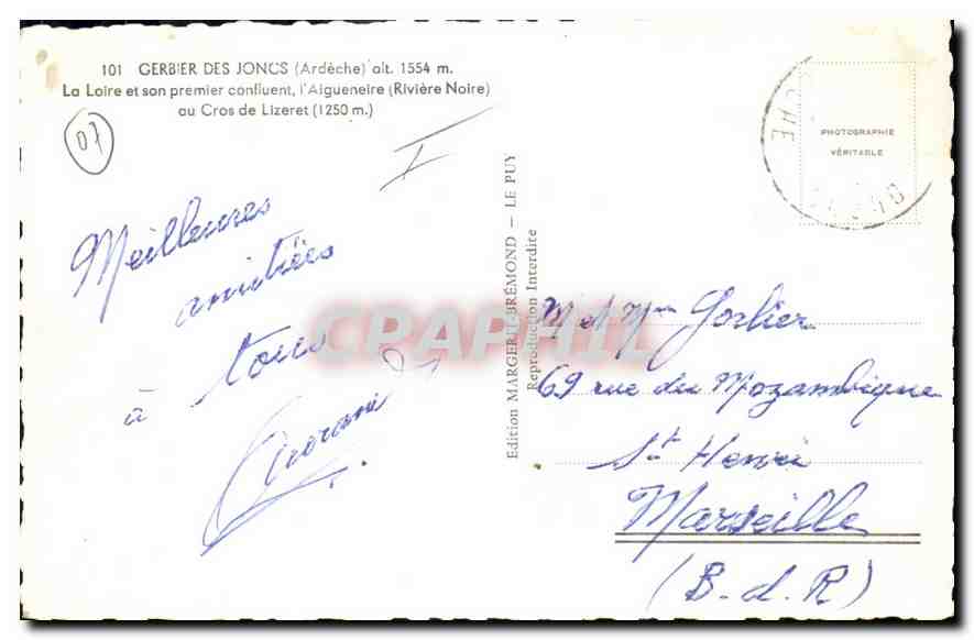 Gerbier-des-Joncs — confluence de la Loire et de l'Aigueneire — Édition Marguerite Rémond - Le Puy — Verso