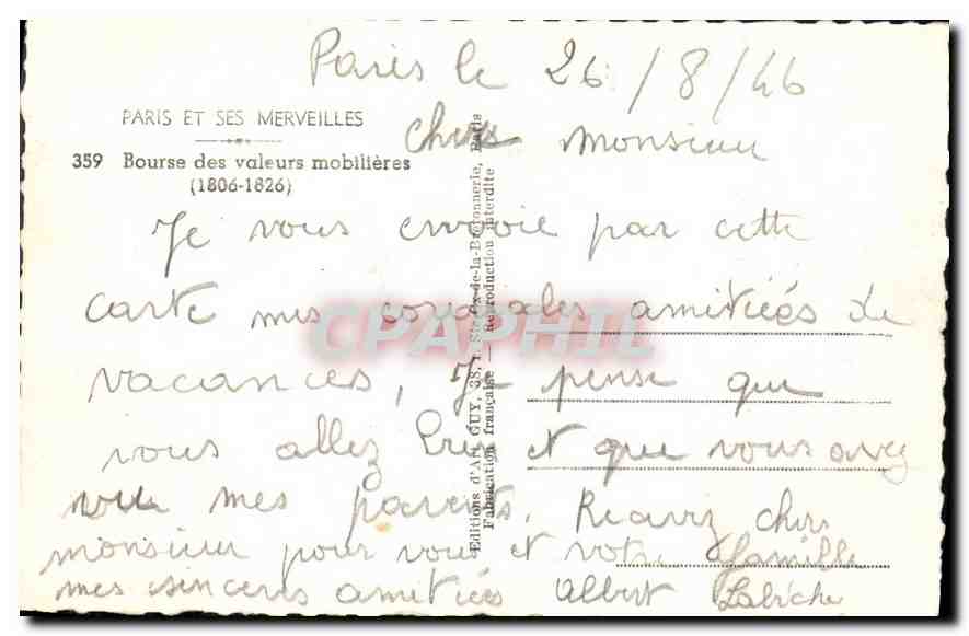 CPA Paris et ses Merveilles Bourse des valeurs mobilieres (1806 1826) — Rückseite