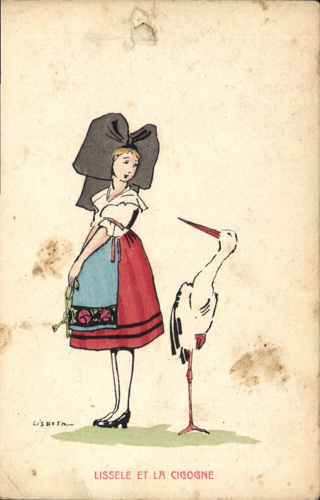 CPA Lissele et la Cigogne Lisbeth Alsace Folklore