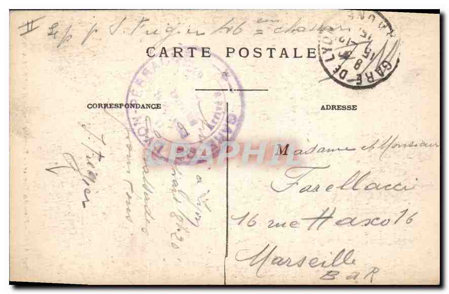 CPA Lyon Place des Terreaux Fontaine Bartholdi et L'Hotel de Ville — Rückseite