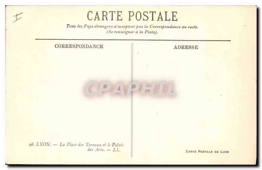 CPA Lyon La Place des Terreaux et le Palais des Arts — Verso
