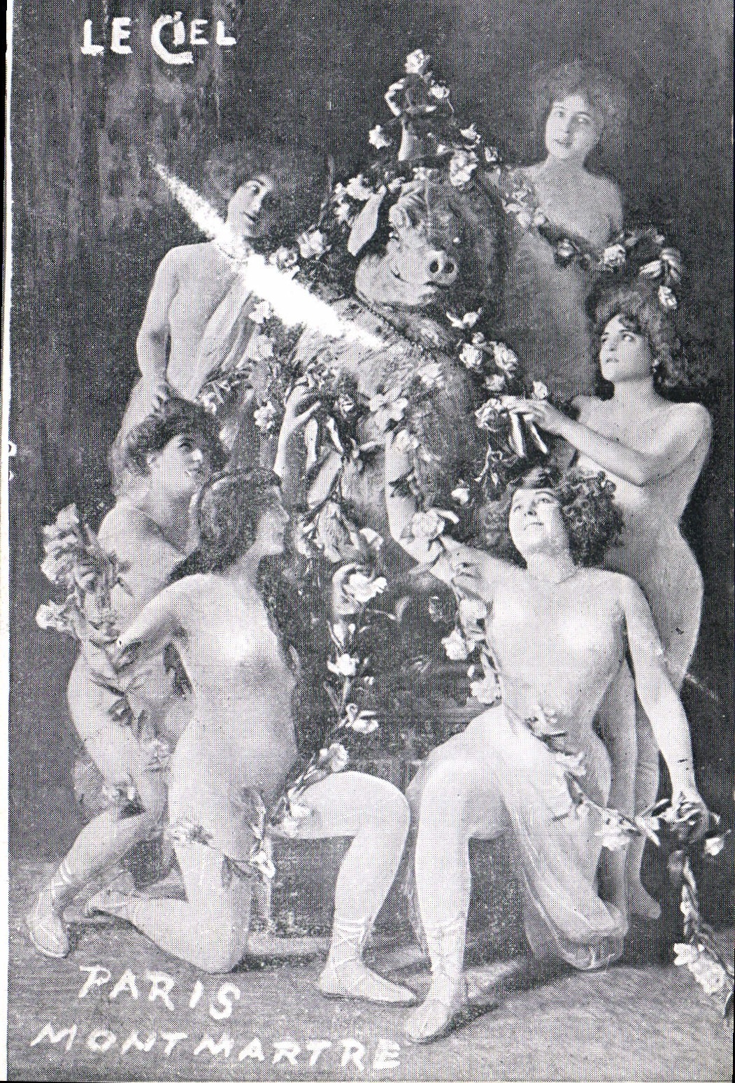 Sujet mythologique — danseuses nues autour d'un taureau décoré — éditeur Le Ciel, Paris Montmartre