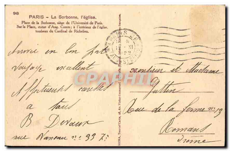 CPA Paris La Sorbonne l'eglise — Rückseite
