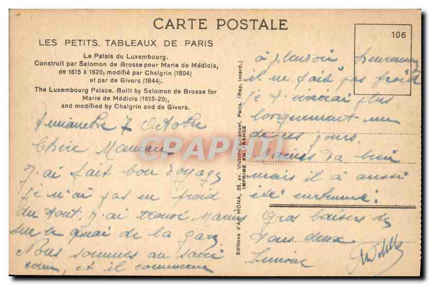 CPA Paris Le Palais du Luxembourg — Rückseite