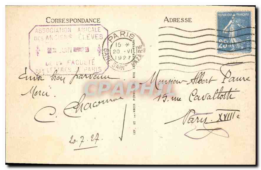 CPA Paris La Sorbonne Automobile — Rückseite