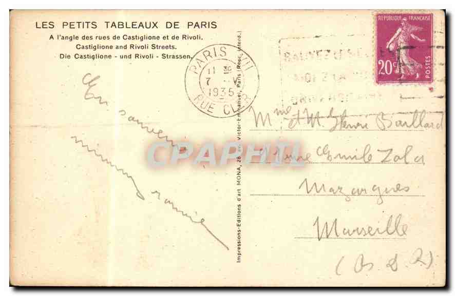 CPA Paris A l'angle des rues de Castiglione et de Rivoli — Rückseite