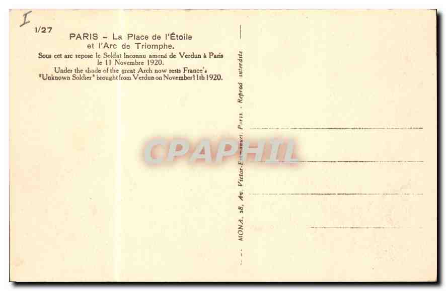CPA Paris La Place de l'Etoile — Rückseite