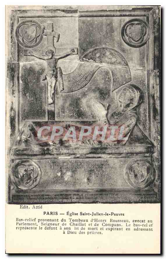 CPA Paris Eglise Saint Julien le Pauvre Bas relief provenant du tombeau d'Henri Rousseau