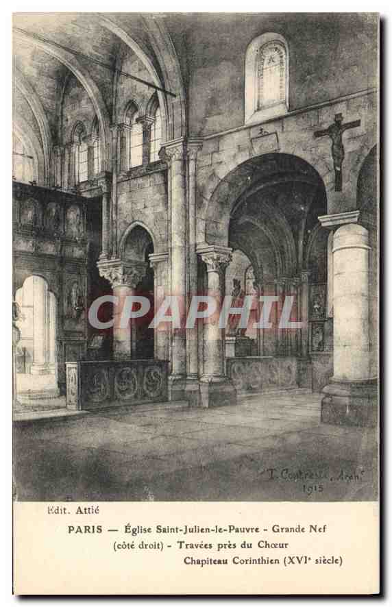 CPA Paris Eglise Saint Julien le Pauvre Grande Nef (cote droit) Travees pres du chœur Chapiteau cori