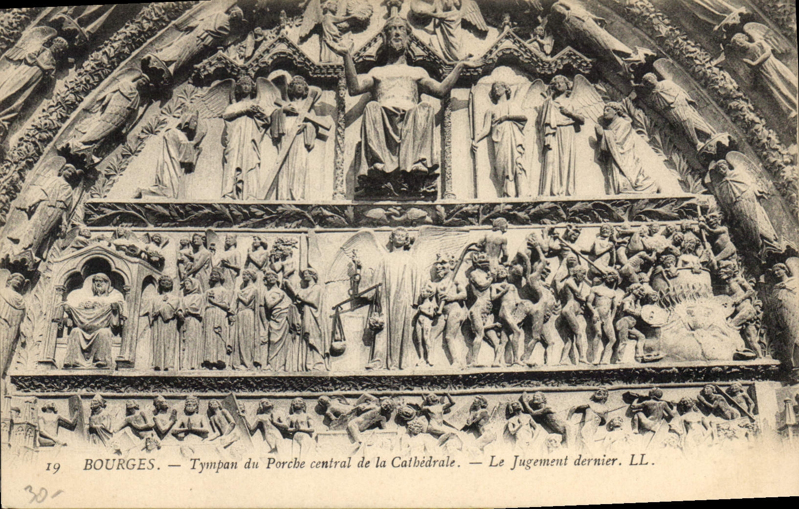 Bourges — Tympan des zentralen Portal der Kathedrale — Das Gericht am Jüngsten Tag. LL.