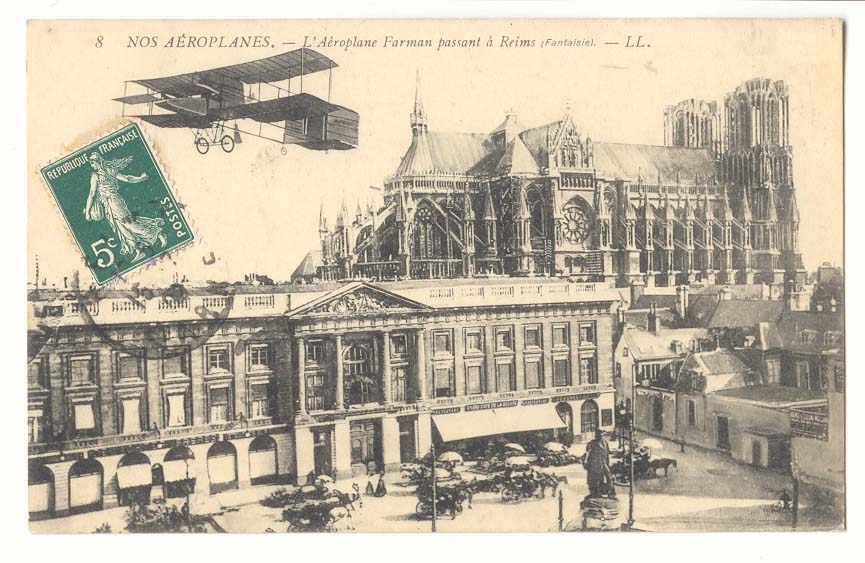 Nos aeroplanes CPA L'aeroplane Farman passant a reims (fantaisie)