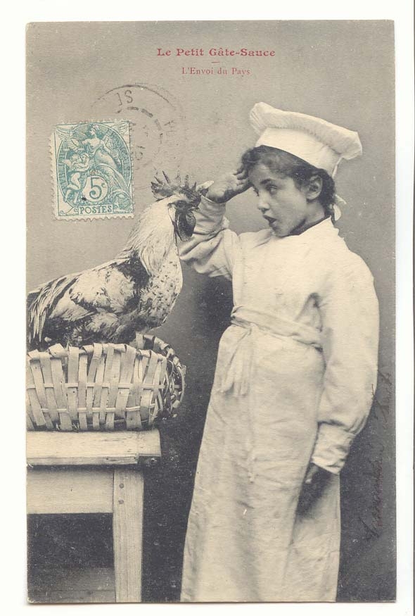 Jeune cuisinière avec un coq — Le Petit Gâte-Sauce — L'Envoi du Pays