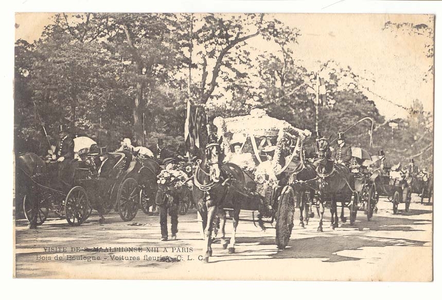Visite de S. Malphonce XIII à Paris — Bois de Boulogne — Voitures fleuries — C. L. C.