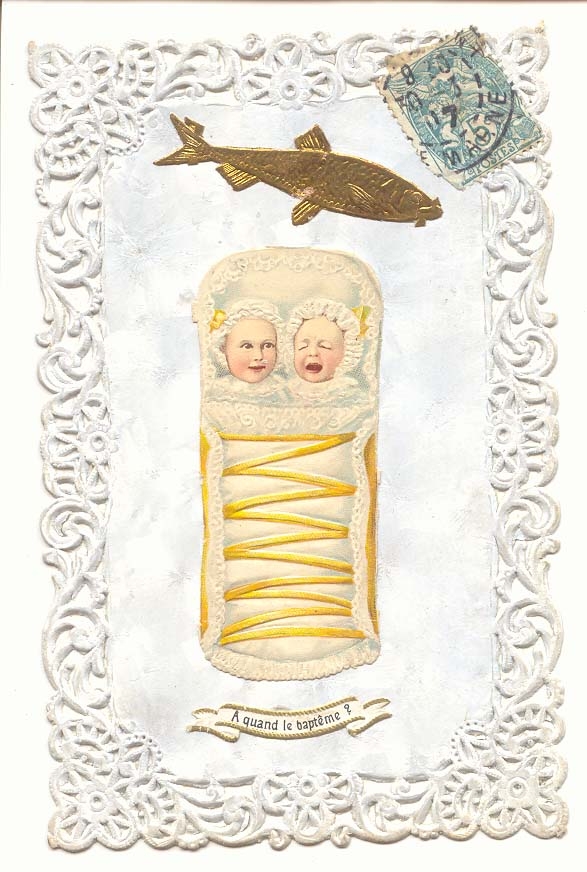 CPA Fantaisie Carte dentelle A quand le bapteme (poisson enfants nouveaux nes)