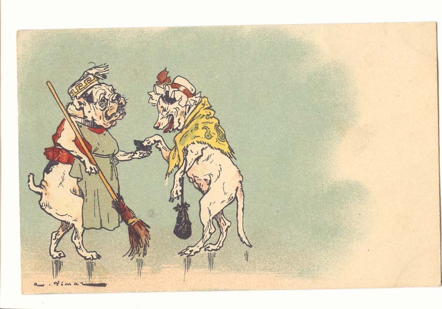 Deux chiens anthropomorphes — scène humoristique — A. Vimar