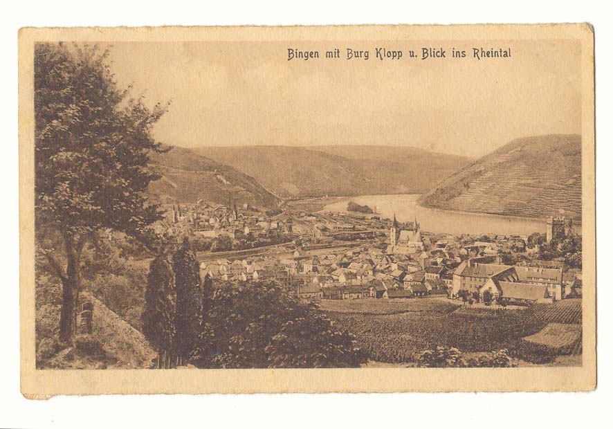Bingen mit Burg Klopp u. Blick ins Rheintal — vue panoramique du village et du château sur le Rhin