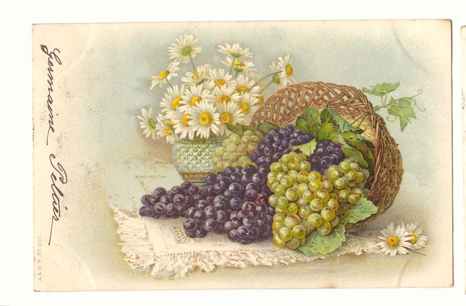 CPA Fleurs + raisins Nature morte Fantaisie