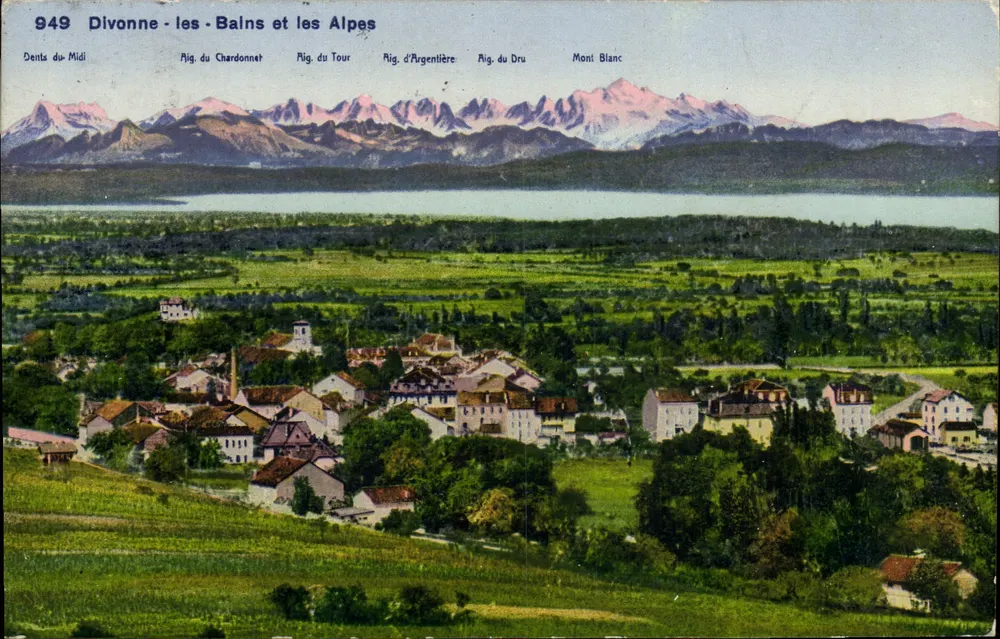Divonne-les-Bains e le Alpi — vista panoramica — Fototipia Co. Neuchâtel, n° 949 - Recto