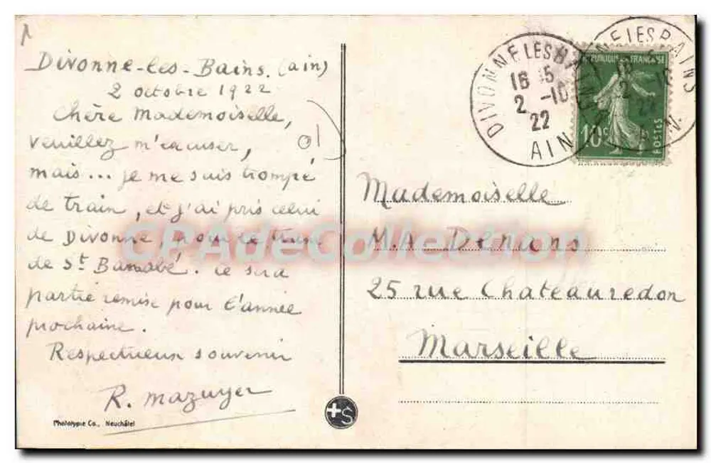 Divonne-les-Bains e le Alpi — vista panoramica — Fototipia Co. Neuchâtel, n° 949 - Verso