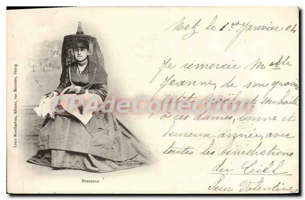 Mulher em traje tradicional — Bressane — Louis Montbarthon, editor, rua Mercière, Bourg - Frente