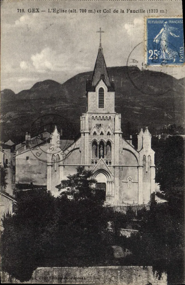 Gex — Die Kirche (Höhe 700 m.) und Col de la Faucille (1323 m.) — Verlag Delaunay (n° 719) - Vorderseite