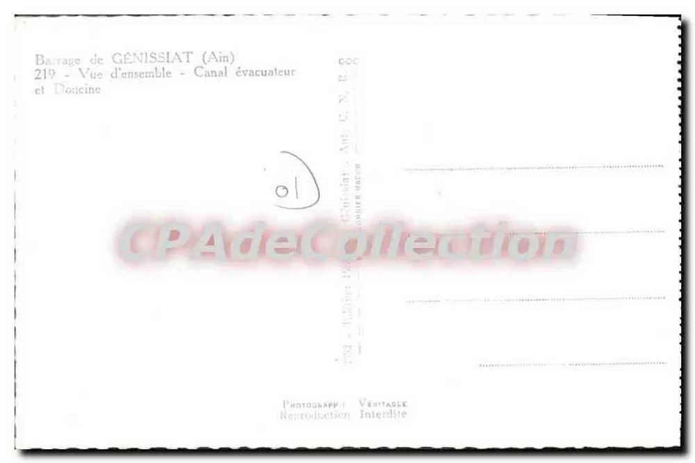 Staudamm von Génissiat (Ain) — Gesamtausblick — Entwässerungskanal und Doucine — Fot. C. N. R. - Rückseite