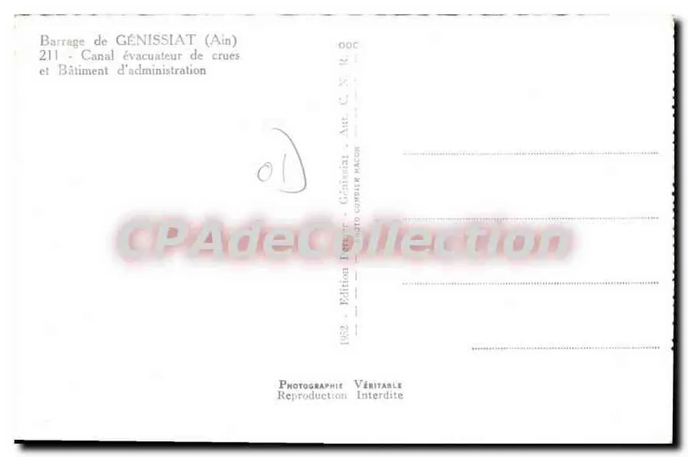 GÉNISSIAT Dam — Entlastungskanal und Verwaltungsgebäude — Edition C. N. R. 1952 - Rückseite