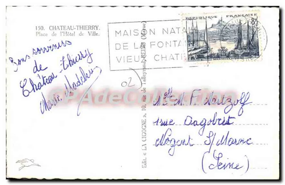 Château-Thierry — Place de l'Hôtel de Ville mit Brunnen — Vintage Postcard/Antike Ansichtskarte - Rückseite